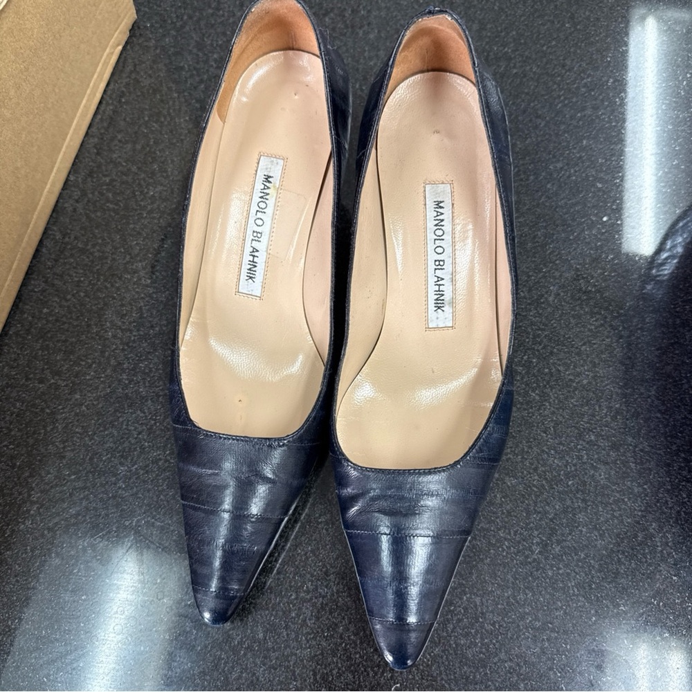 Manolo Blahnik Navy Leather Heels